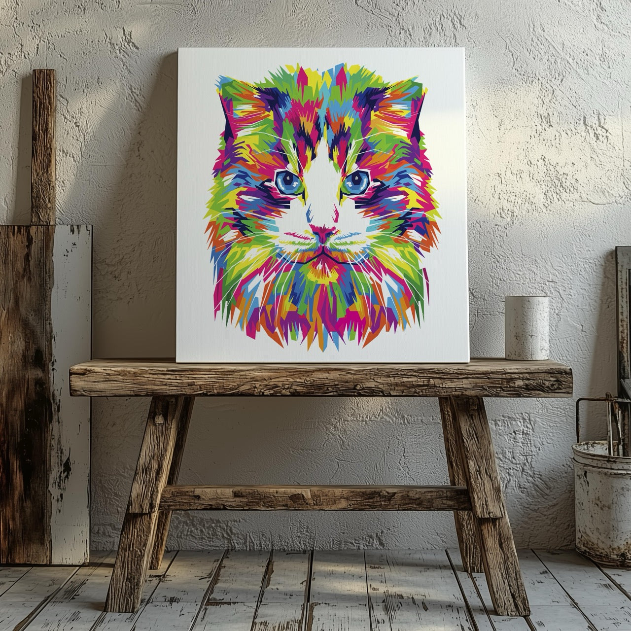 Abstract Colourful Rainbow Cat - Framed Canvas Wall Art Print - House Prints