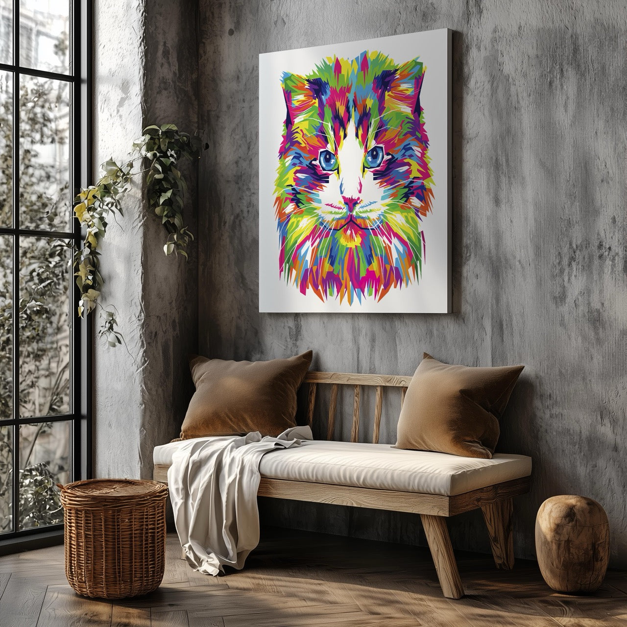 Abstract Colourful Rainbow Cat - Framed Canvas Wall Art Print - House Prints