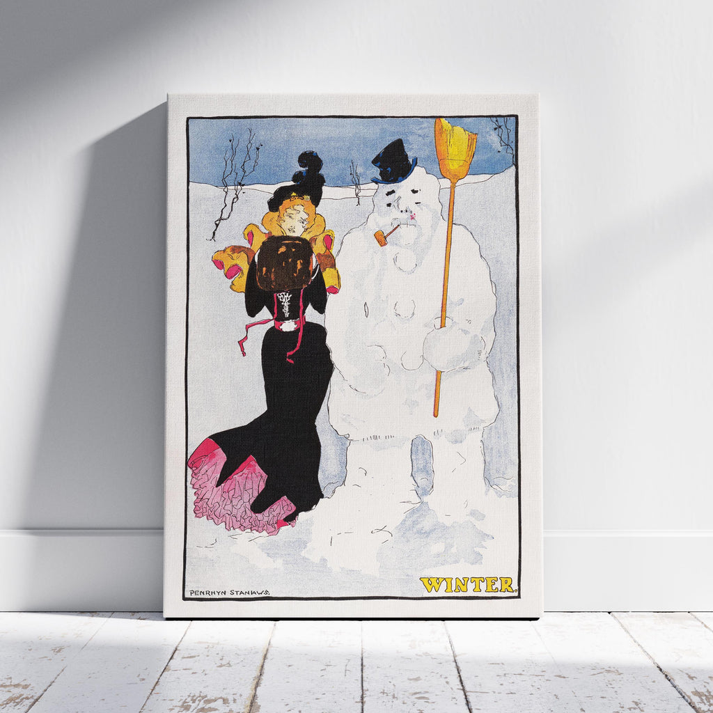 Vintage Winter Stroll with Snowman - Penrhyn Stanlaws - Framed Canvas Wall Art Print | House Prints