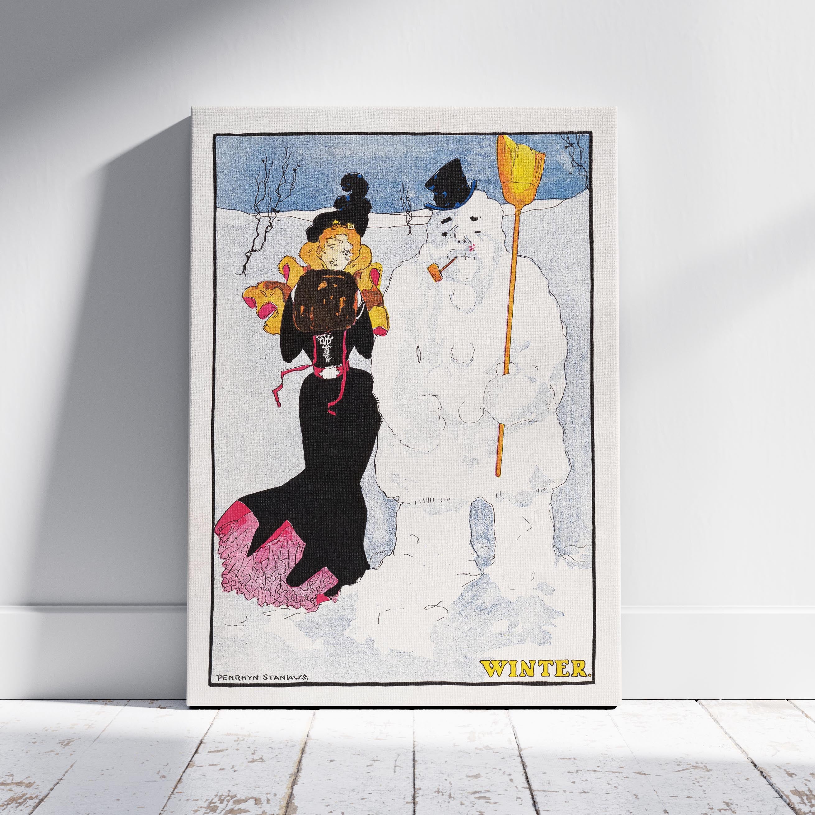 Vintage Winter Stroll with Snowman - Penrhyn Stanlaws - Framed Canvas Wall Art Print | House Prints