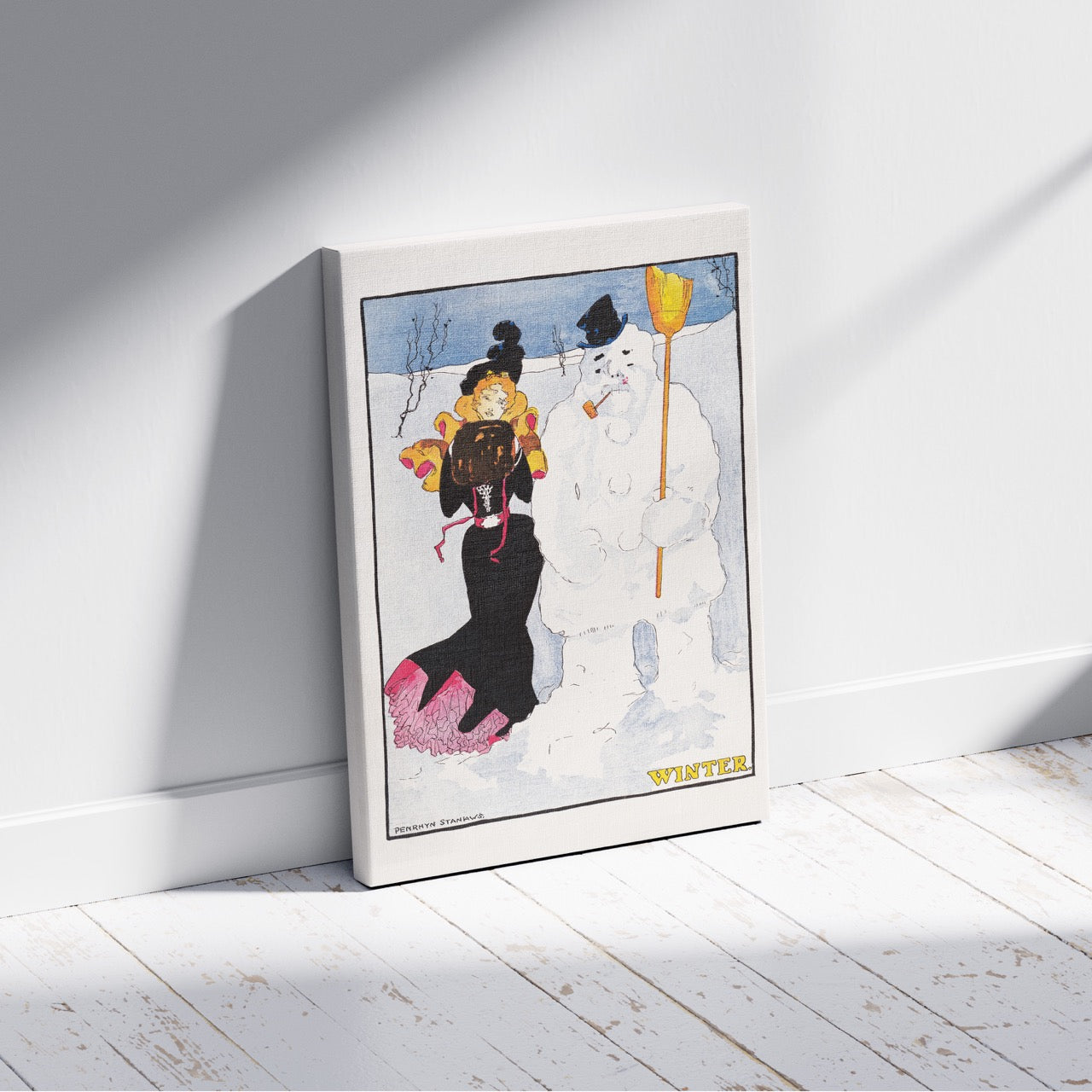 Vintage Winter Stroll with Snowman - Penrhyn Stanlaws - Framed Canvas Wall Art Print | House Prints