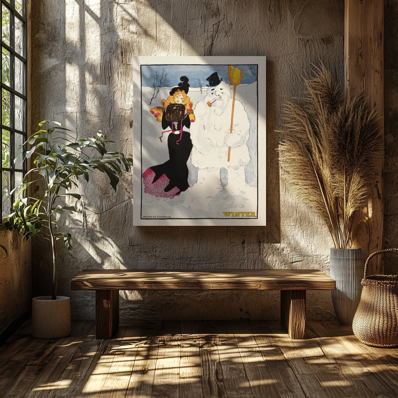 Vintage Winter Stroll with Snowman - Penrhyn Stanlaws - Framed Canvas Wall Art Print | House Prints
