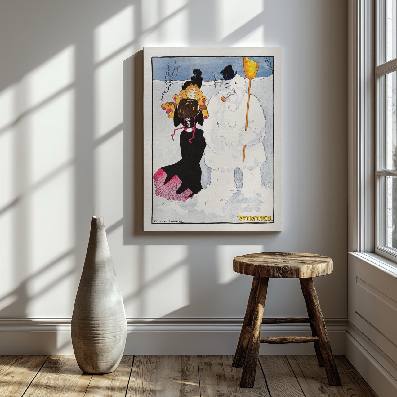 Vintage Winter Stroll with Snowman - Penrhyn Stanlaws - Framed Canvas Wall Art Print | House Prints