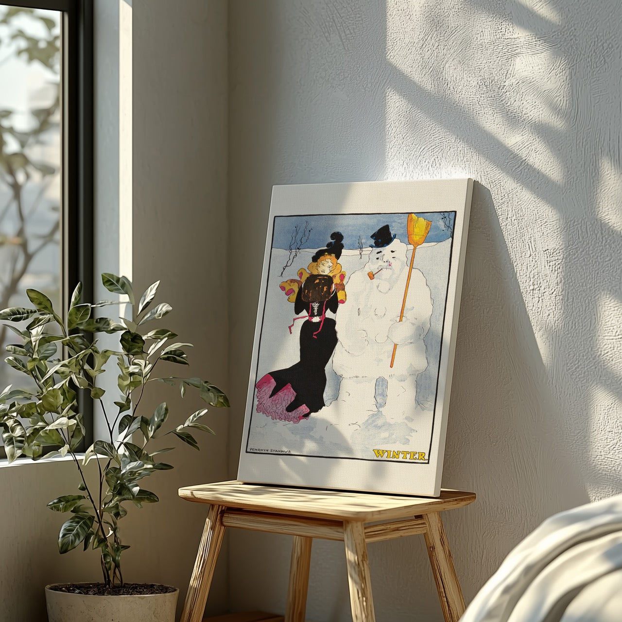 Vintage Winter Stroll with Snowman - Penrhyn Stanlaws - Framed Canvas Wall Art Print | House Prints