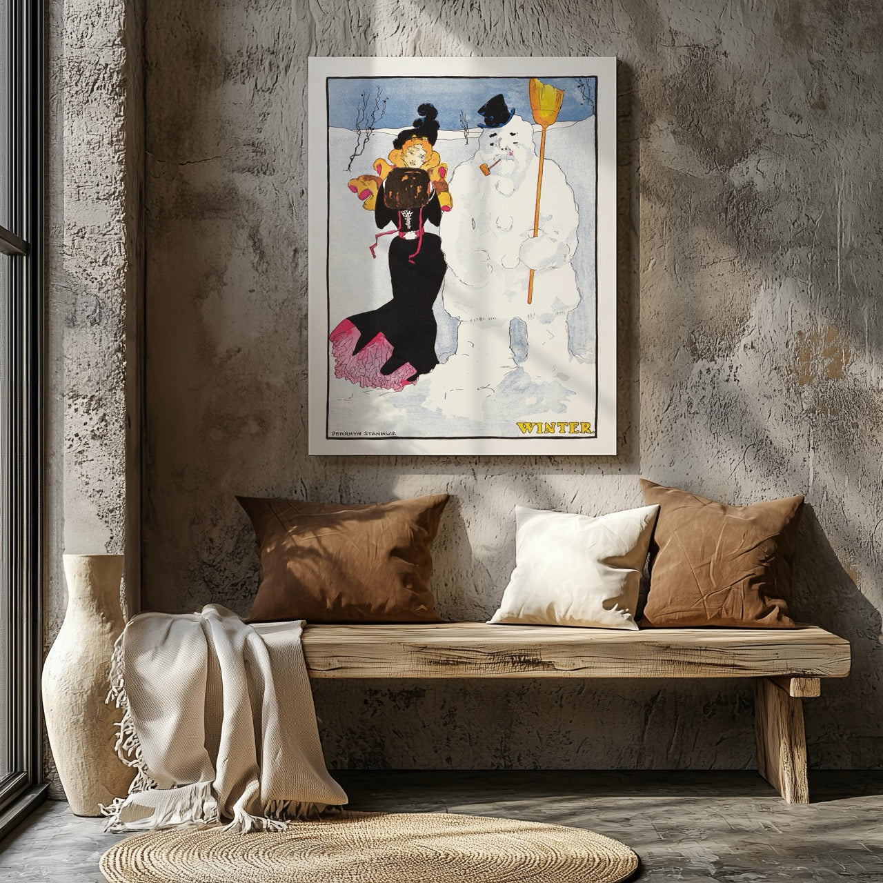 Vintage Winter Stroll with Snowman - Penrhyn Stanlaws - Framed Canvas Wall Art Print | House Prints