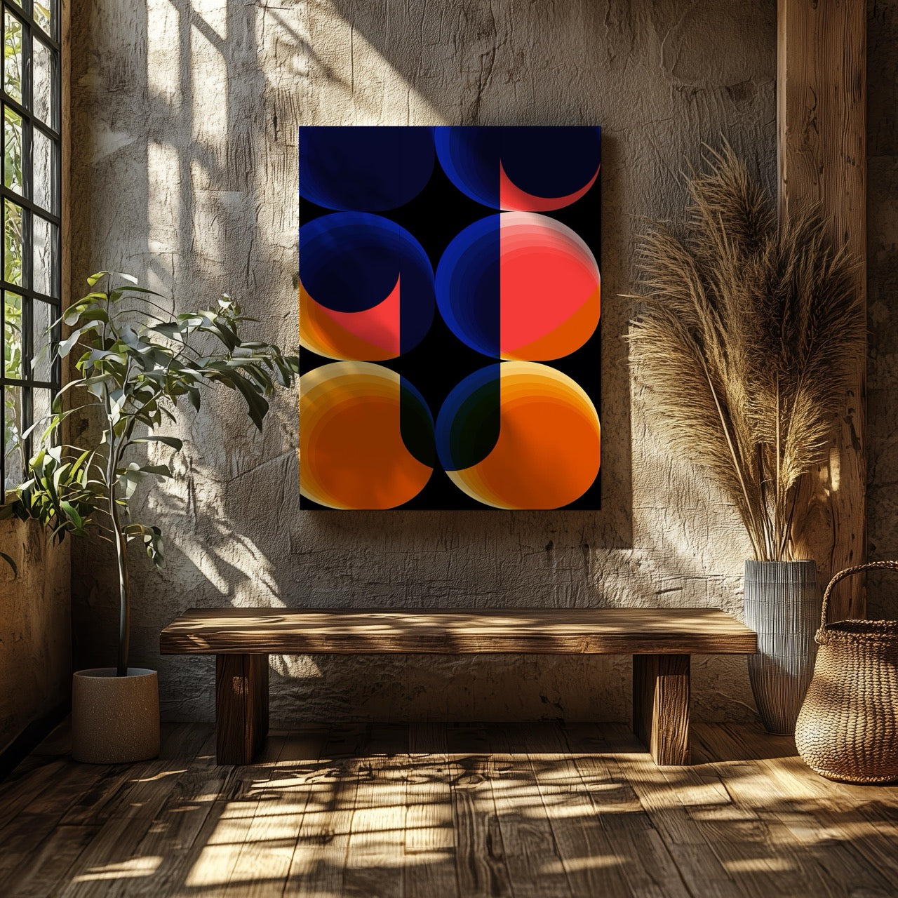 Abstract Bright Coloured Modern Circles - Framed Canvas Wall Art Print - House Prints