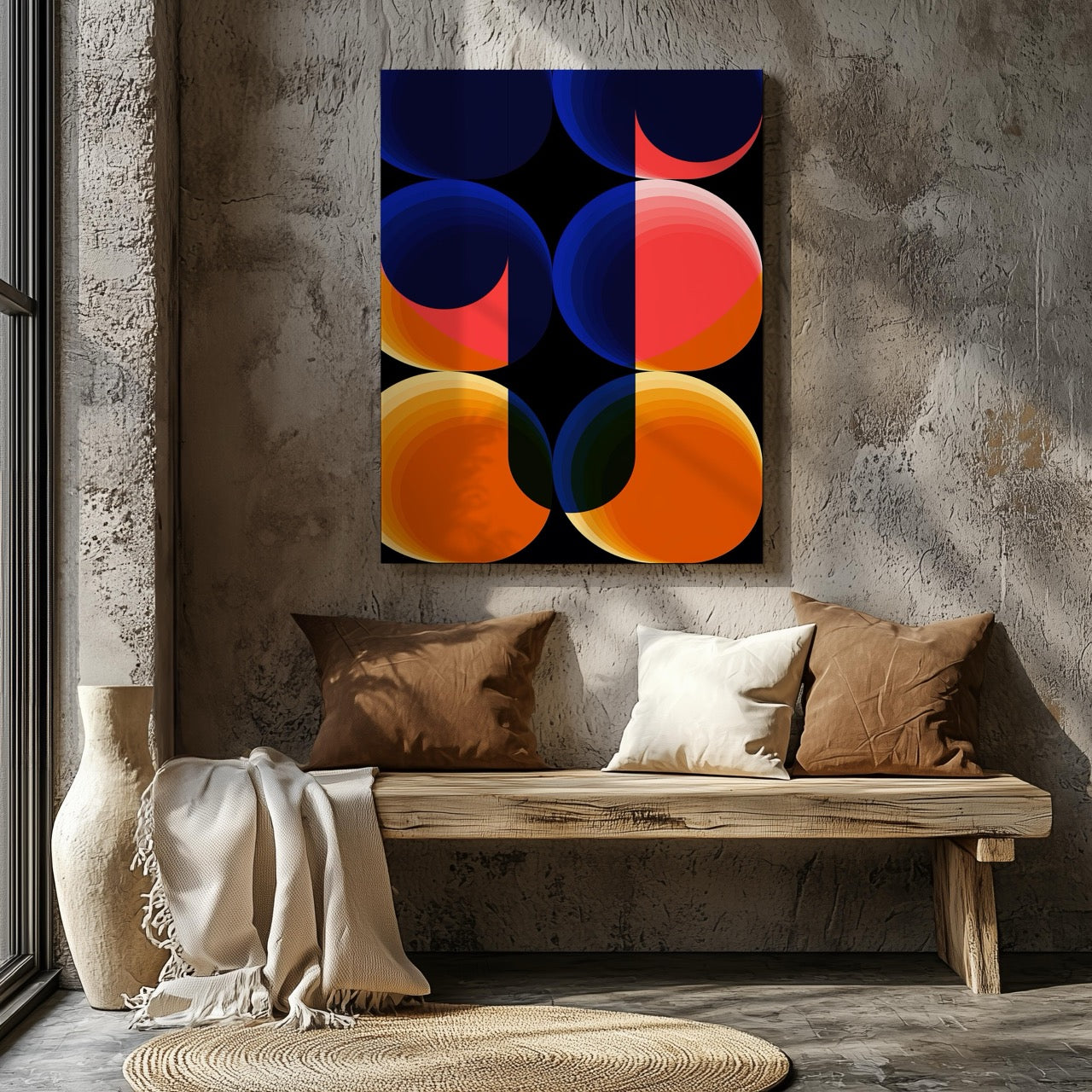 Abstract Bright Coloured Modern Circles - Framed Canvas Wall Art Print - House Prints