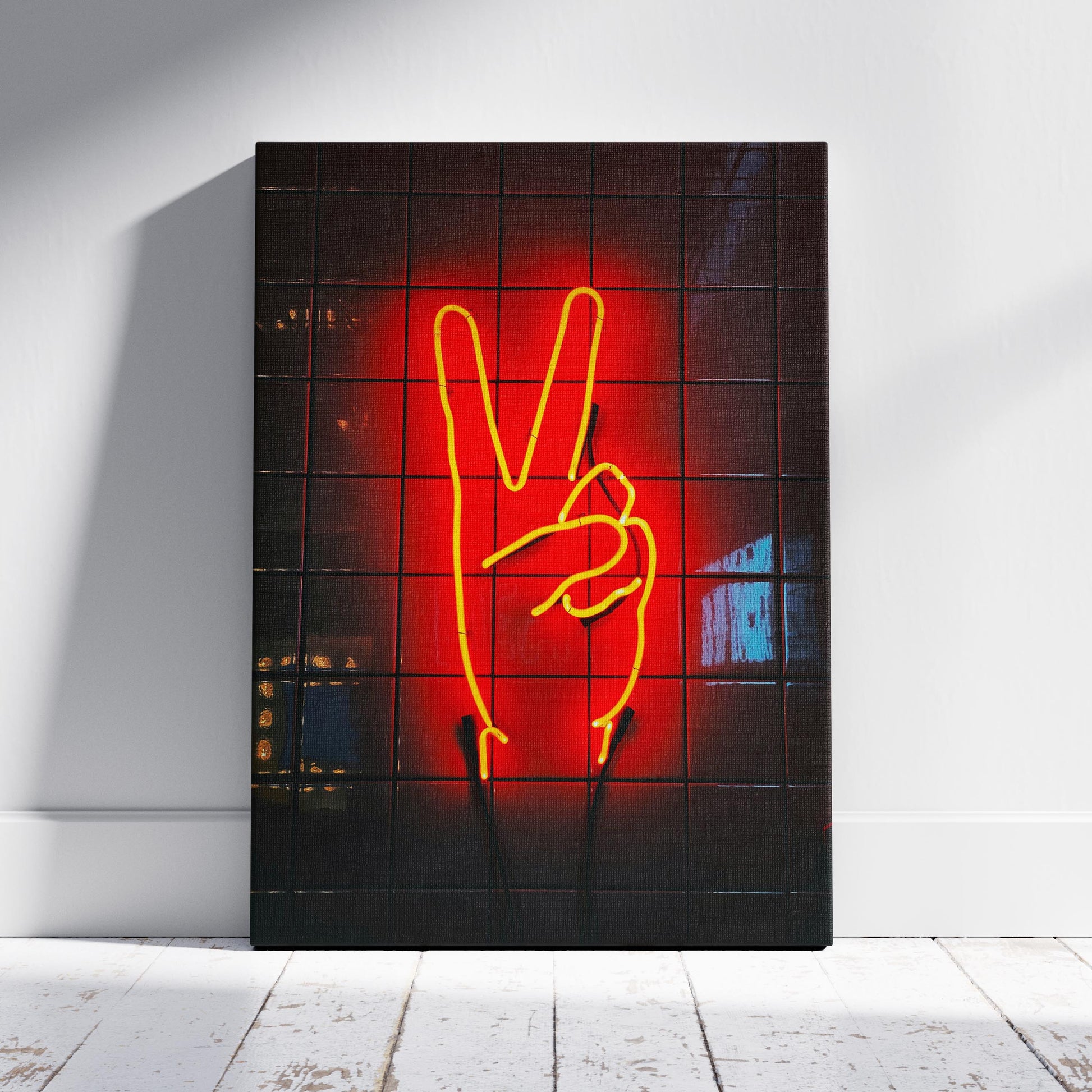 Modern Neon Hand Glow Peace Sign - Framed Canvas Wall Art Print - House Prints