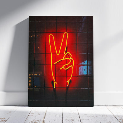 Modern Neon Hand Glow Peace Sign - Framed Canvas Wall Art Print - House Prints