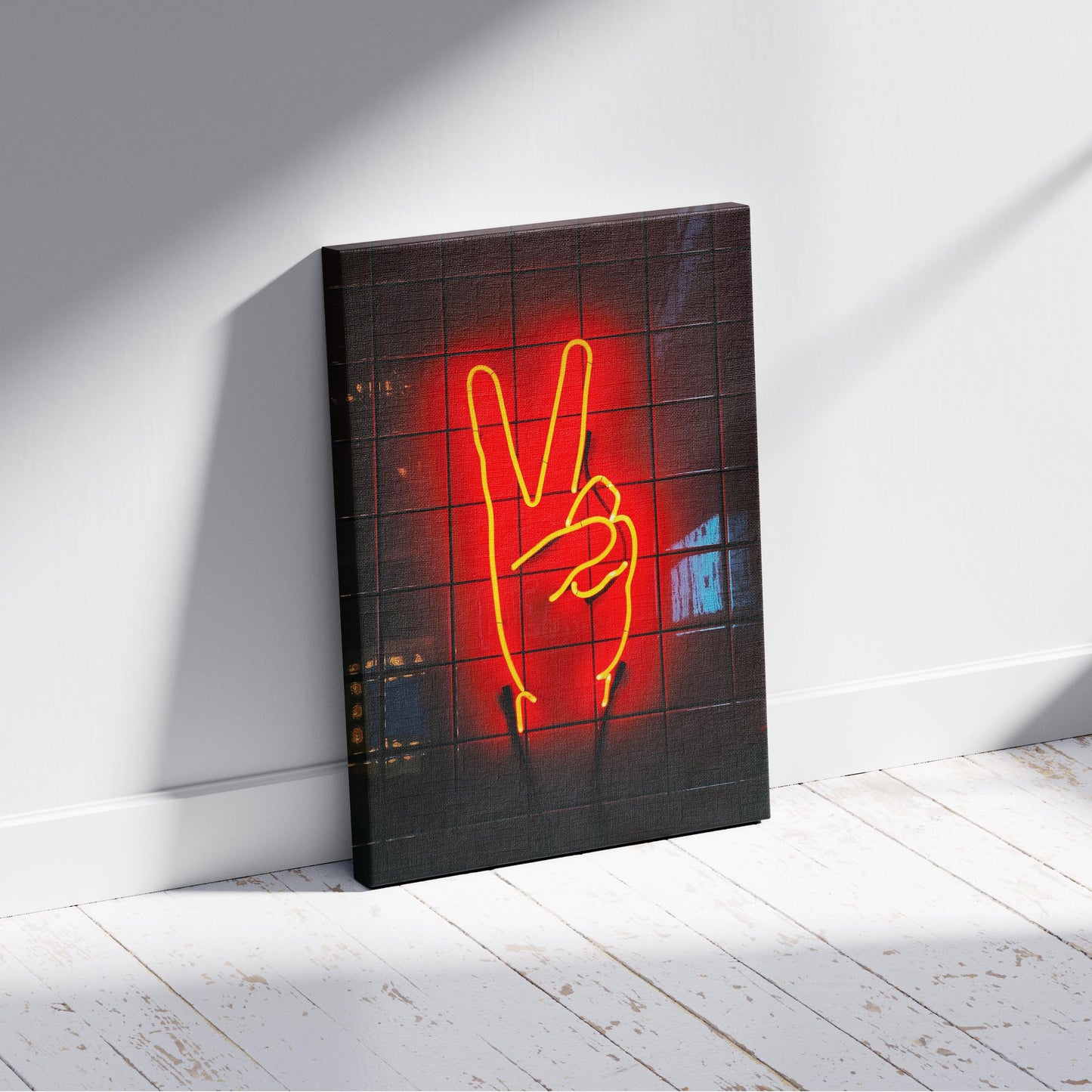 Modern Neon Hand Glow Peace Sign - Framed Canvas Wall Art Print - House Prints
