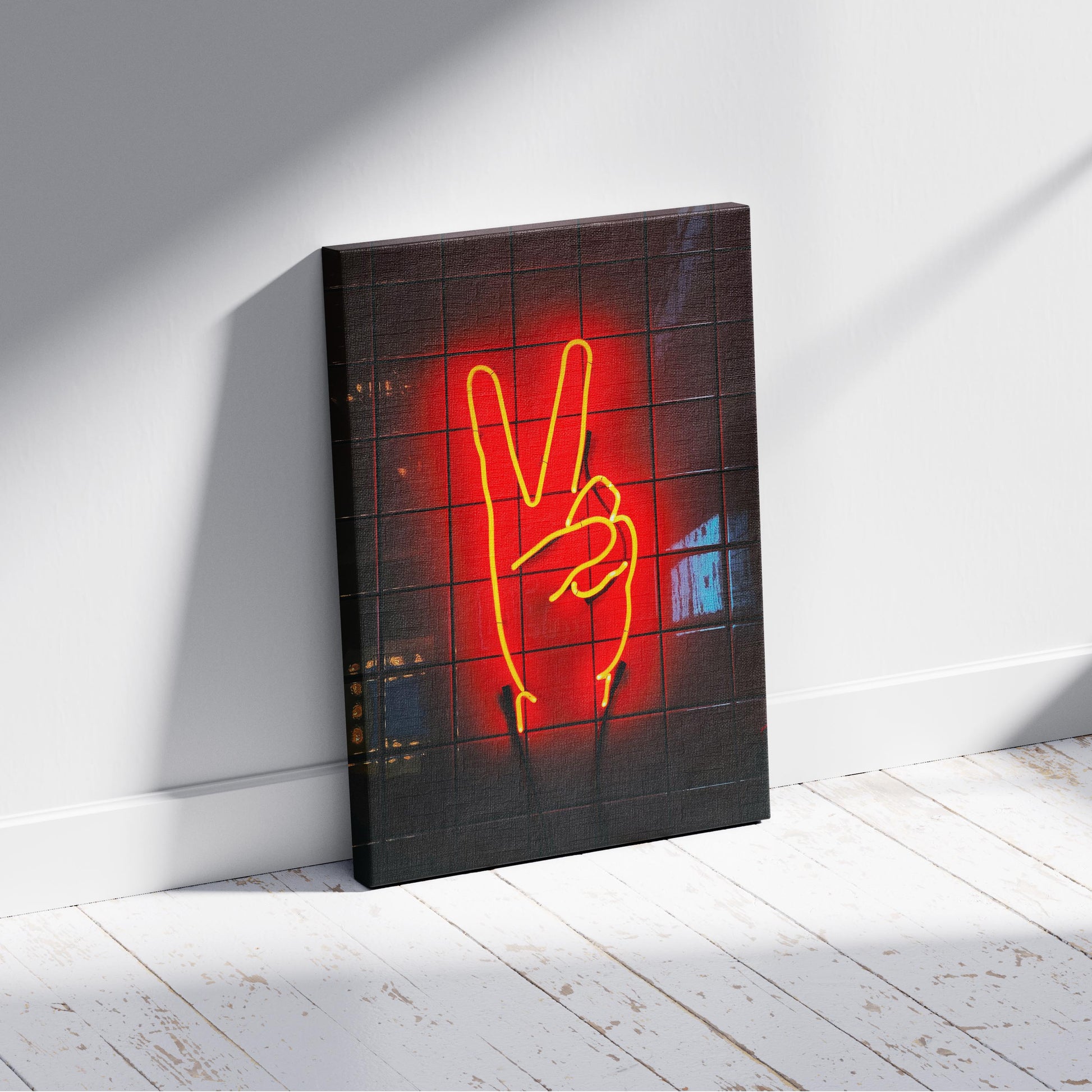 Modern Neon Hand Glow Peace Sign - Framed Canvas Wall Art Print - House Prints