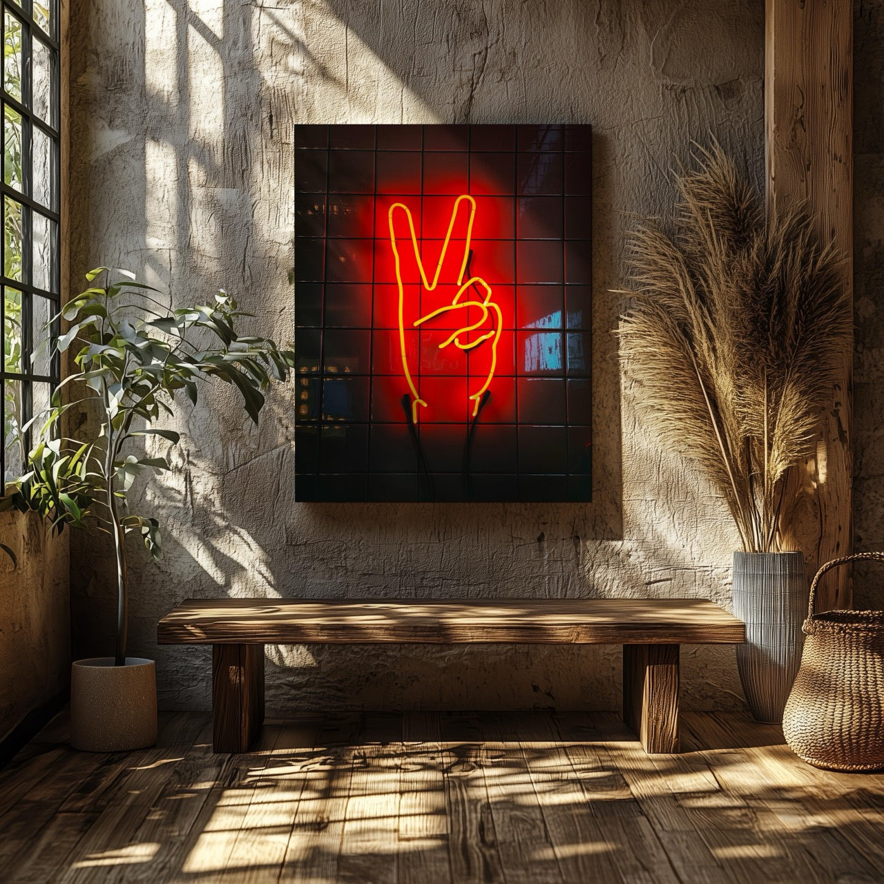 Modern Neon Hand Glow Peace Sign - Framed Canvas Wall Art Print - House Prints