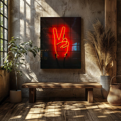 Modern Neon Hand Glow Peace Sign - Framed Canvas Wall Art Print - House Prints
