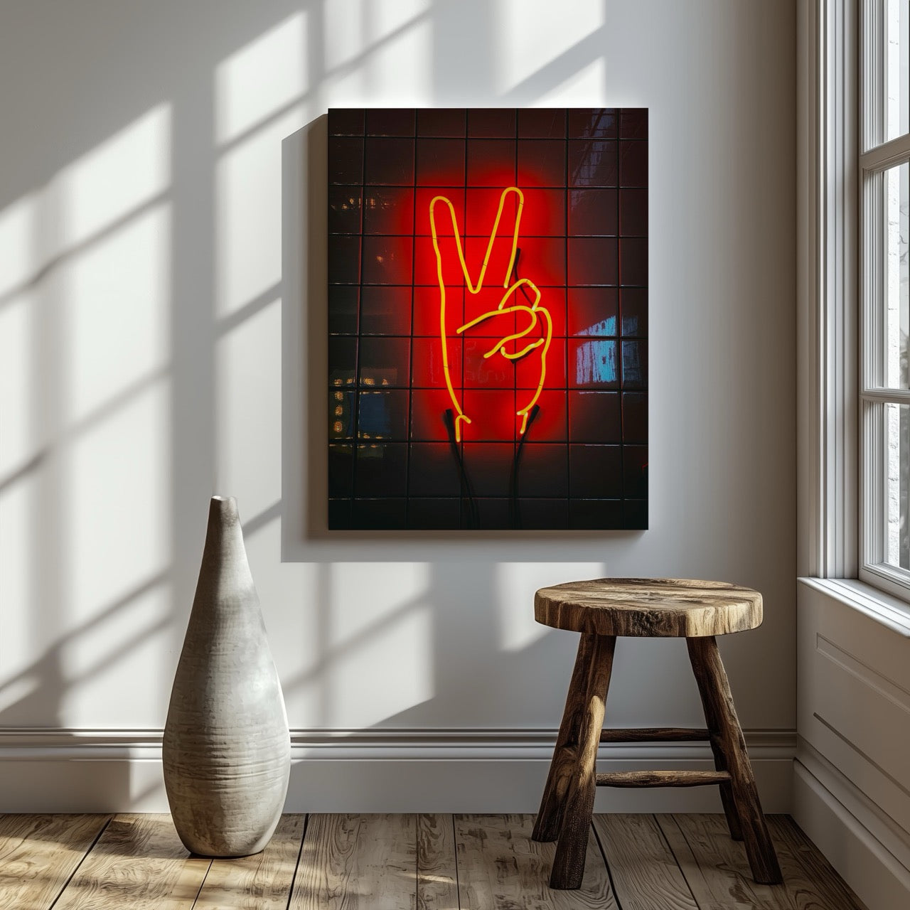 Modern Neon Hand Glow Peace Sign - Framed Canvas Wall Art Print - House Prints