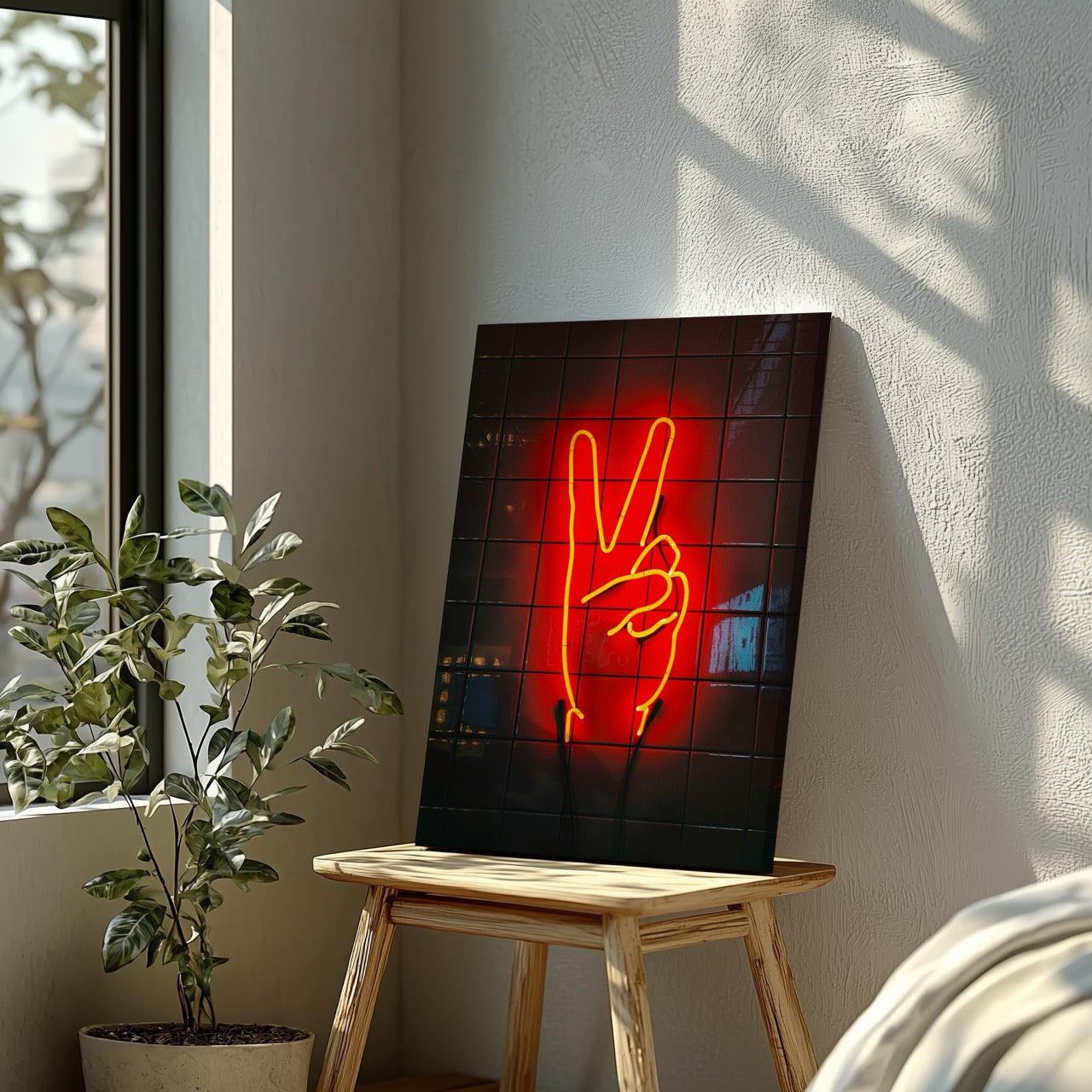 Modern Neon Hand Glow Peace Sign - Framed Canvas Wall Art Print - House Prints