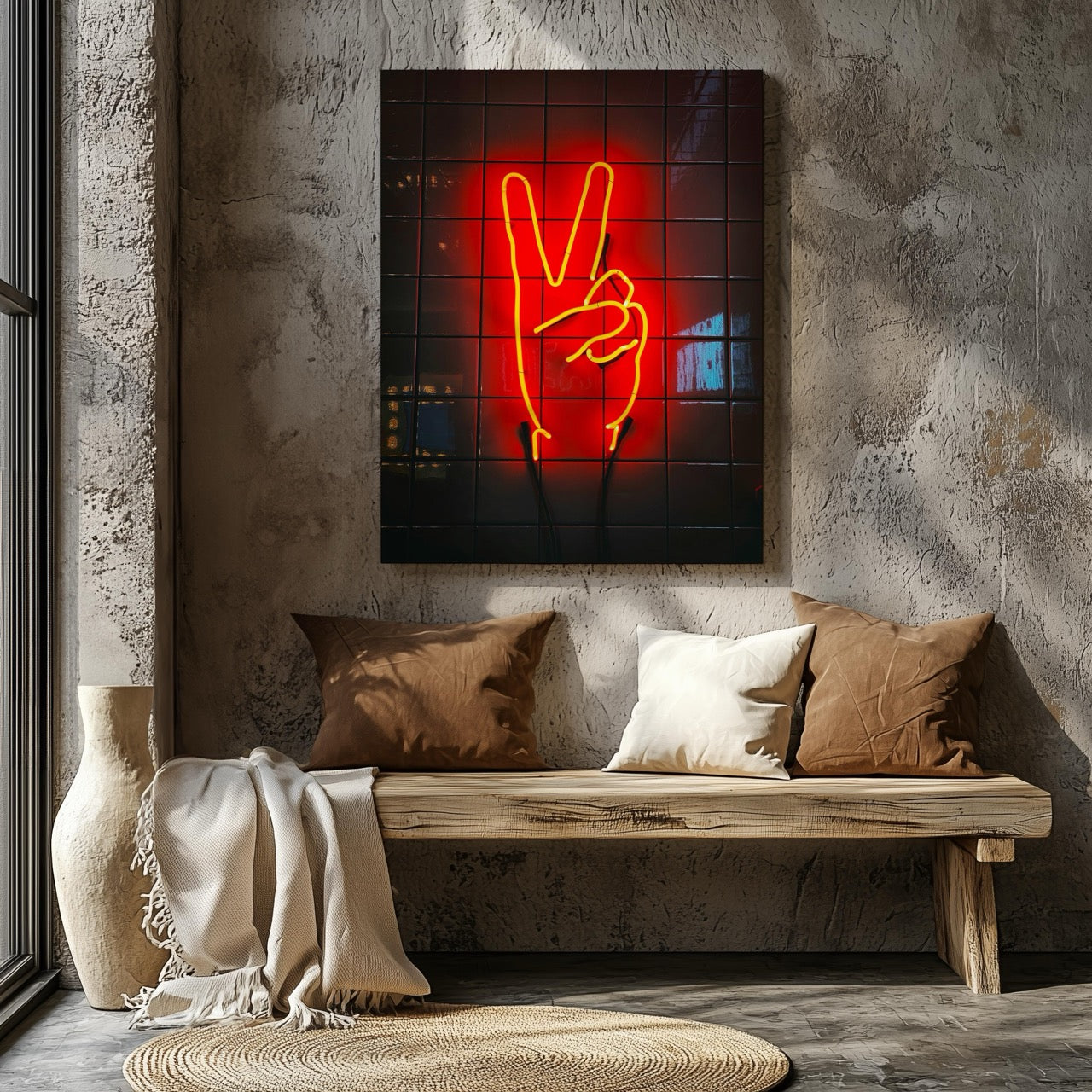 Modern Neon Hand Glow Peace Sign - Framed Canvas Wall Art Print - House Prints