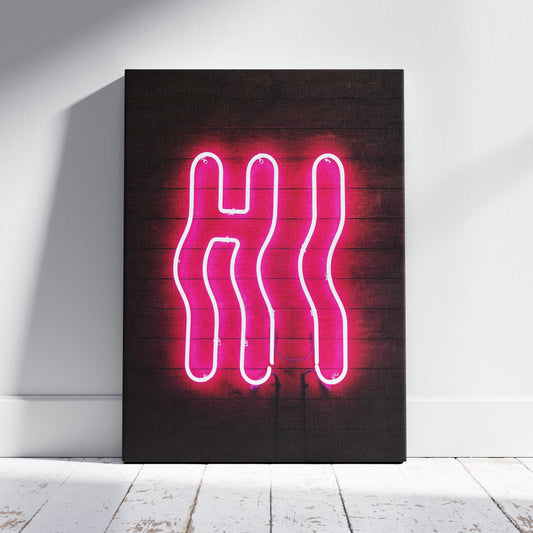 Hi Modern Neon Glow Sign Text - Framed Canvas Wall Art Print - House Prints