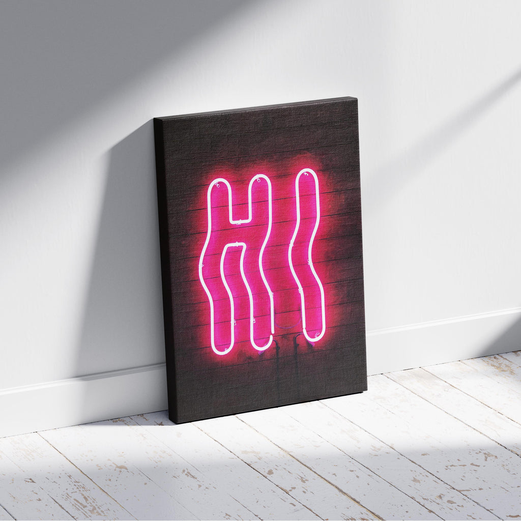 Hi Modern Neon Glow Sign Text - Framed Canvas Wall Art Print | House Prints