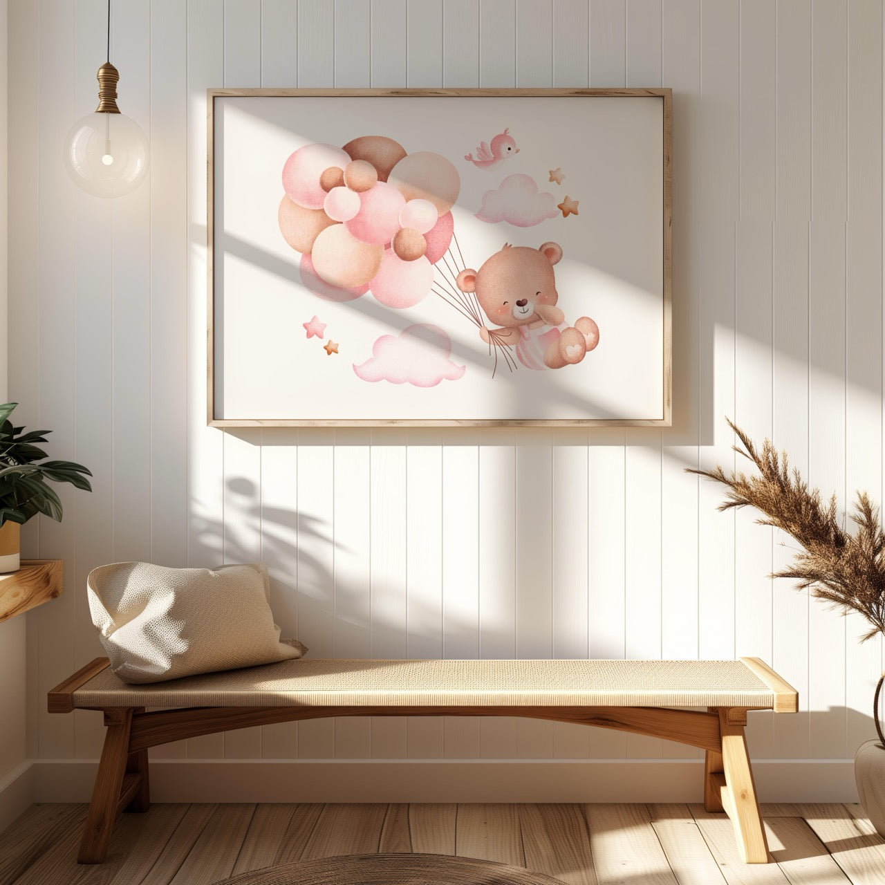 Cute Dreaming Bear with Pink Balloons - Rolled Poster Wall Art Print | House Prints