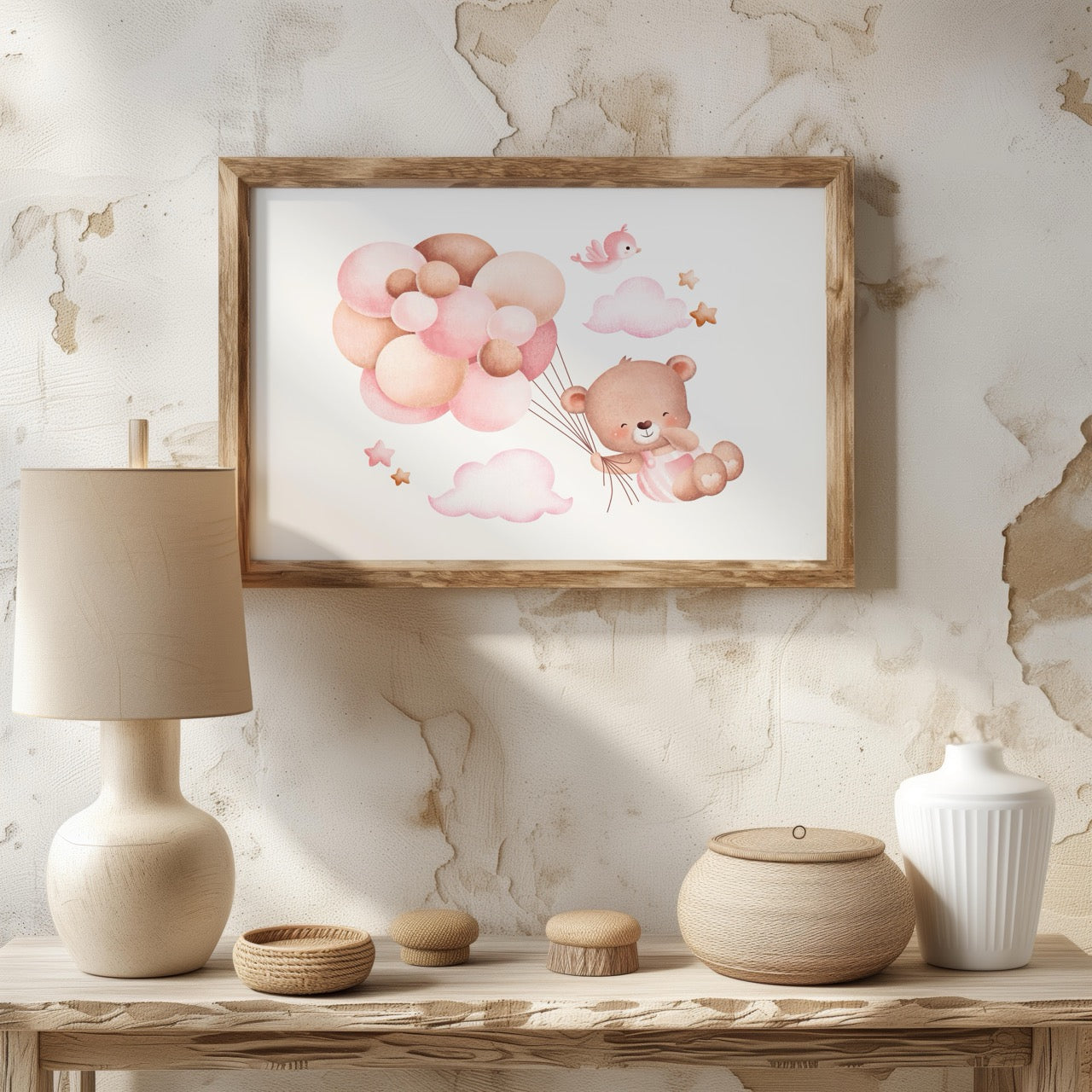 Cute Dreaming Bear with Pink Balloons - Rolled Poster Wall Art Print | House Prints