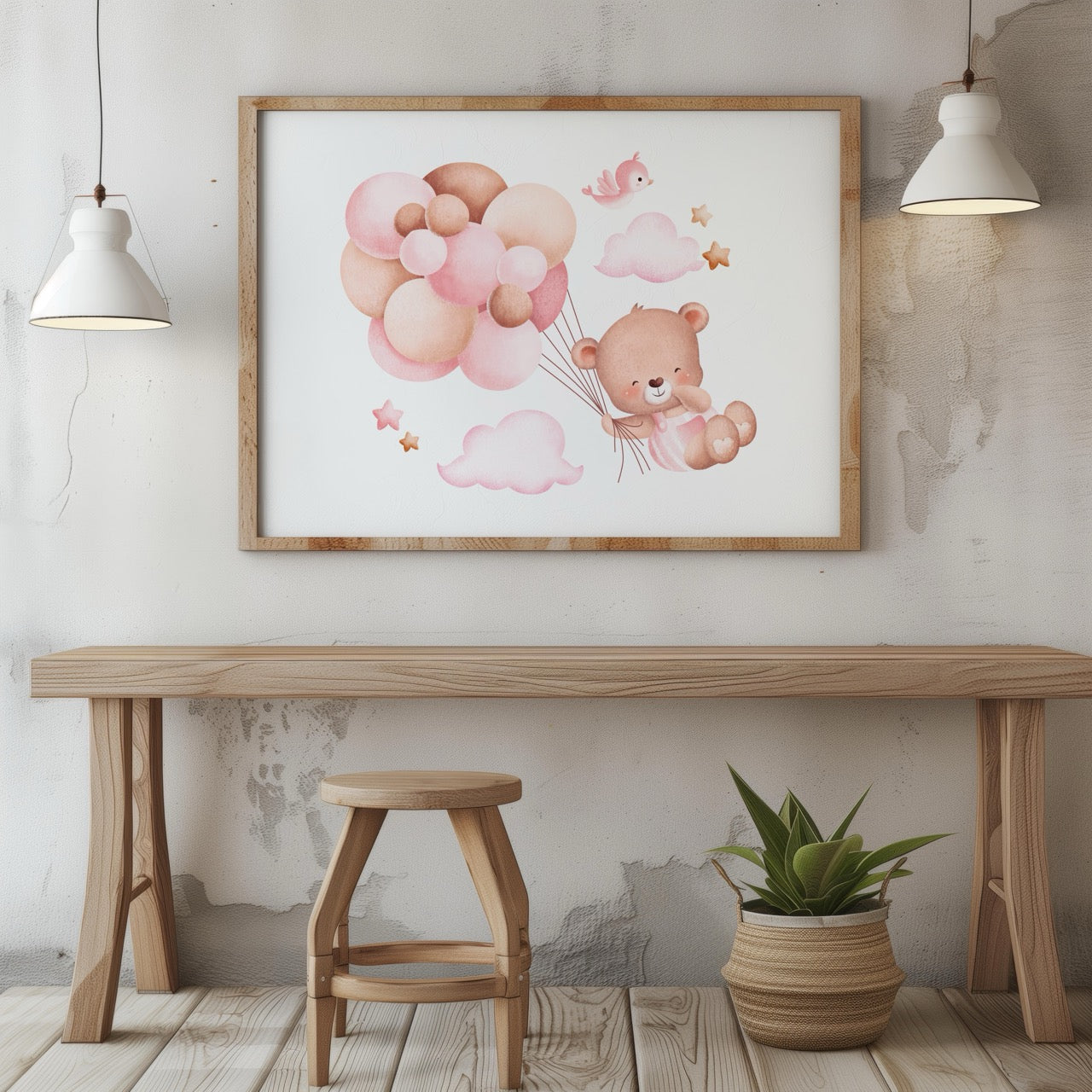 Cute Dreaming Bear with Pink Balloons - Rolled Poster Wall Art Print | House Prints