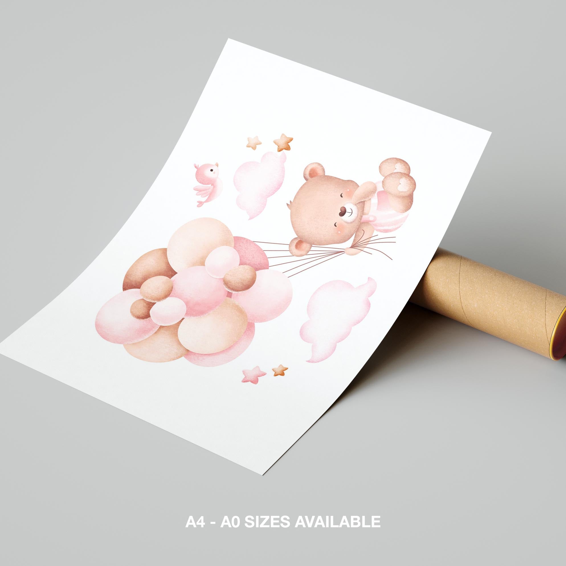 Cute Dreaming Bear with Pink Balloons - Rolled Poster Wall Art Print | House Prints