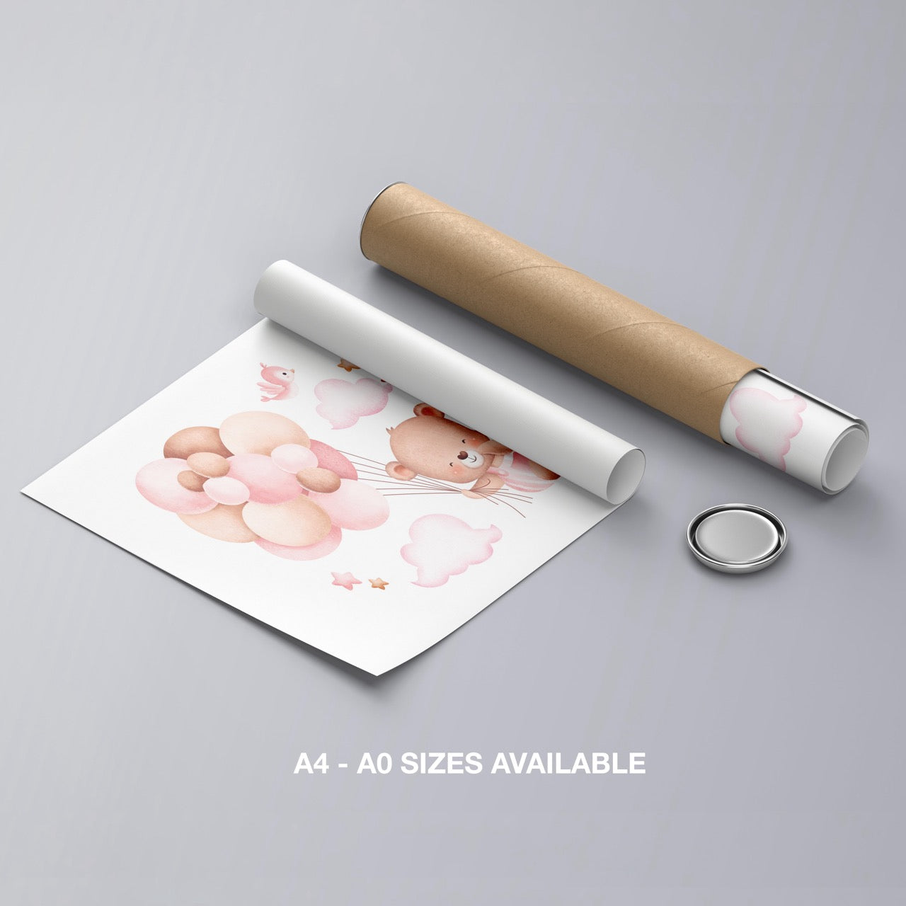 Cute Dreaming Bear with Pink Balloons - Rolled Poster Wall Art Print | House Prints