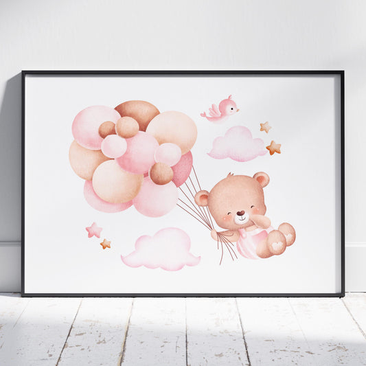 Cute Dreaming Bear with Pink Balloons - Rolled Poster Wall Art Print - House Prints