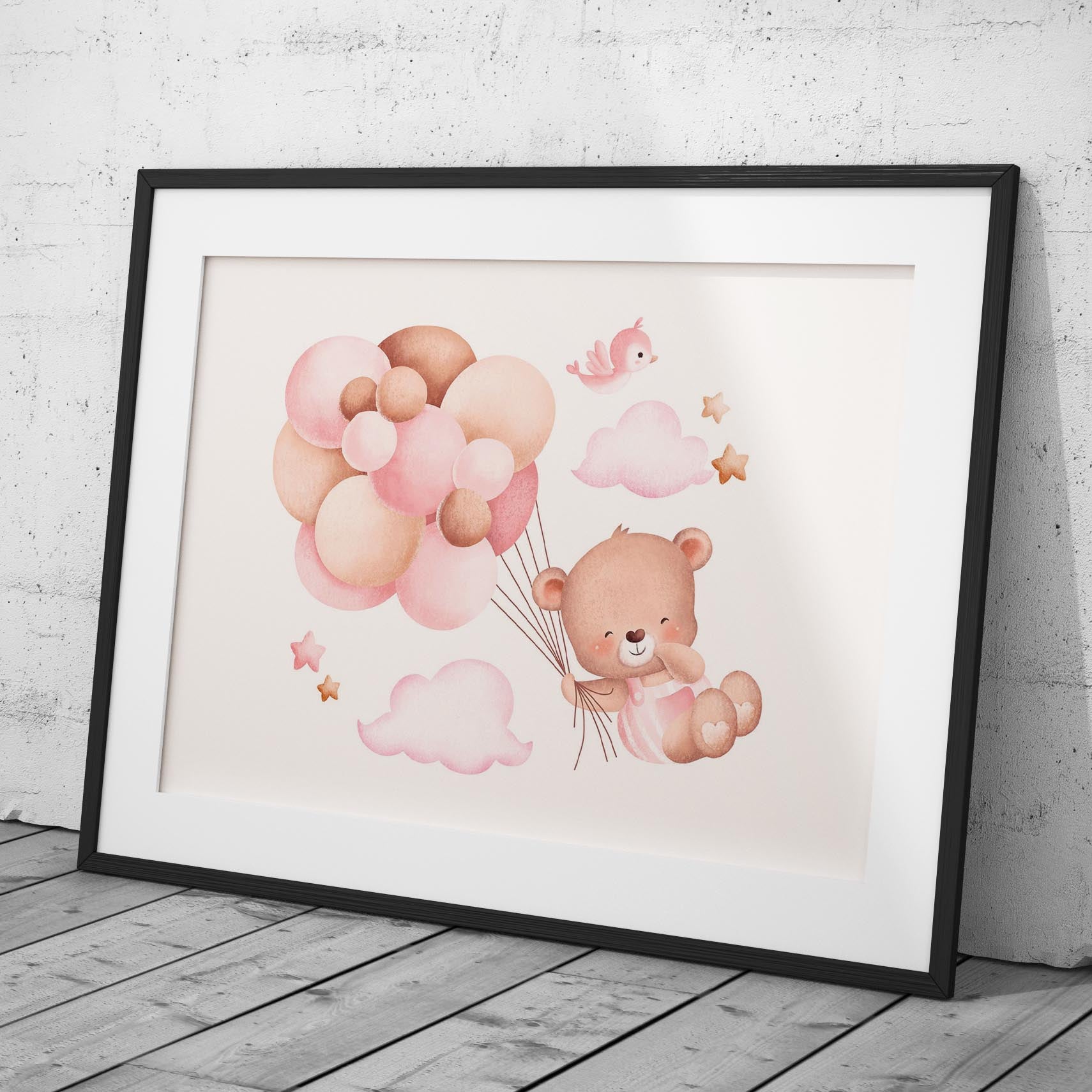 Cute Dreaming Bear with Pink Balloons - Rolled Poster Wall Art Print | House Prints