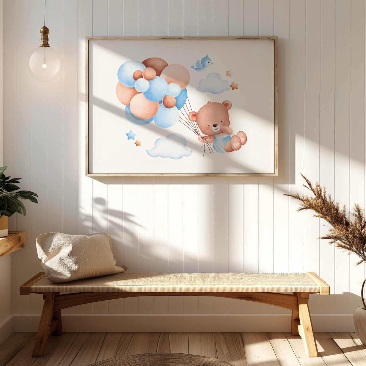Cute Dreaming Bear with Blue Balloons - Rolled Poster Wall Art Print | House Prints