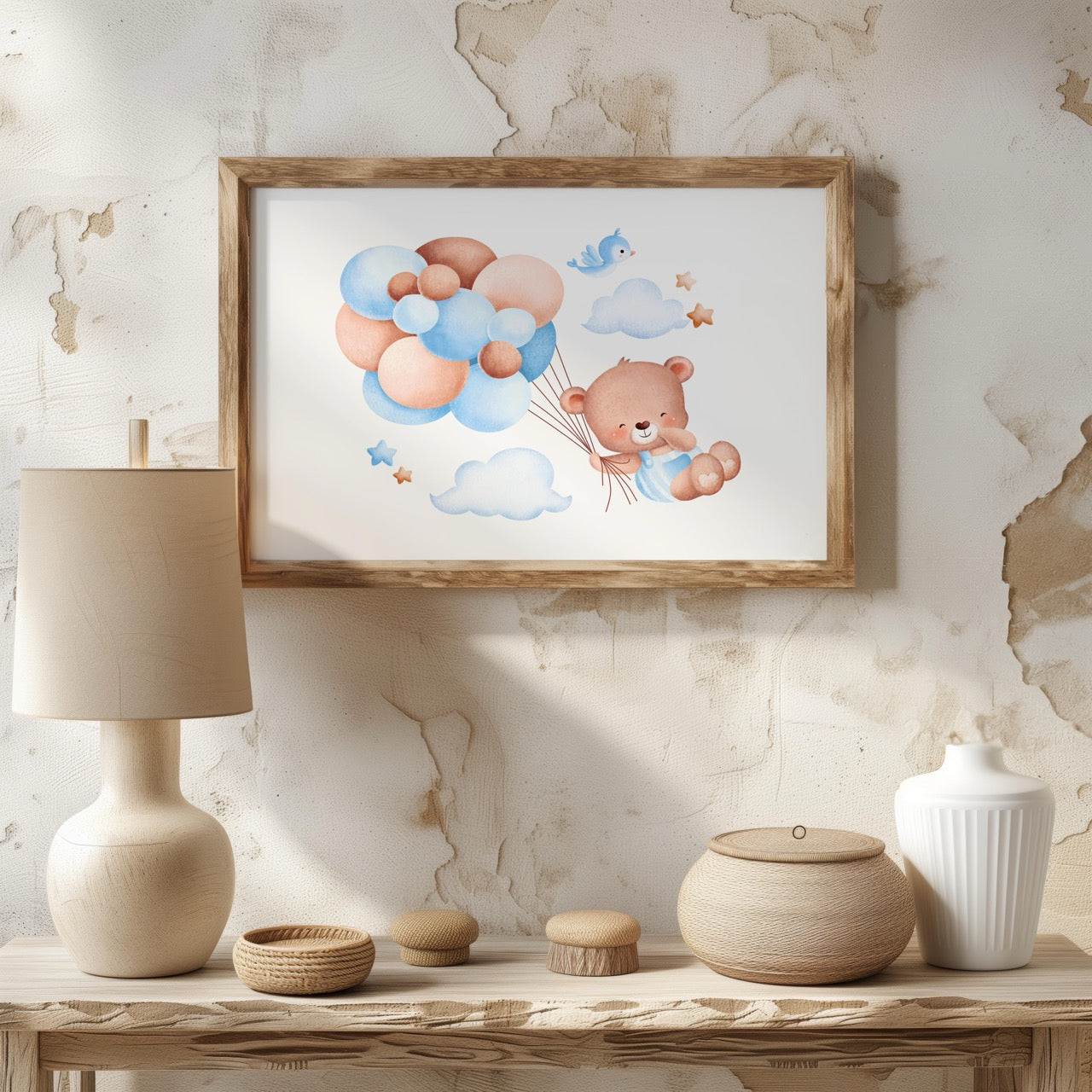 Cute Dreaming Bear with Blue Balloons - Rolled Poster Wall Art Print | House Prints