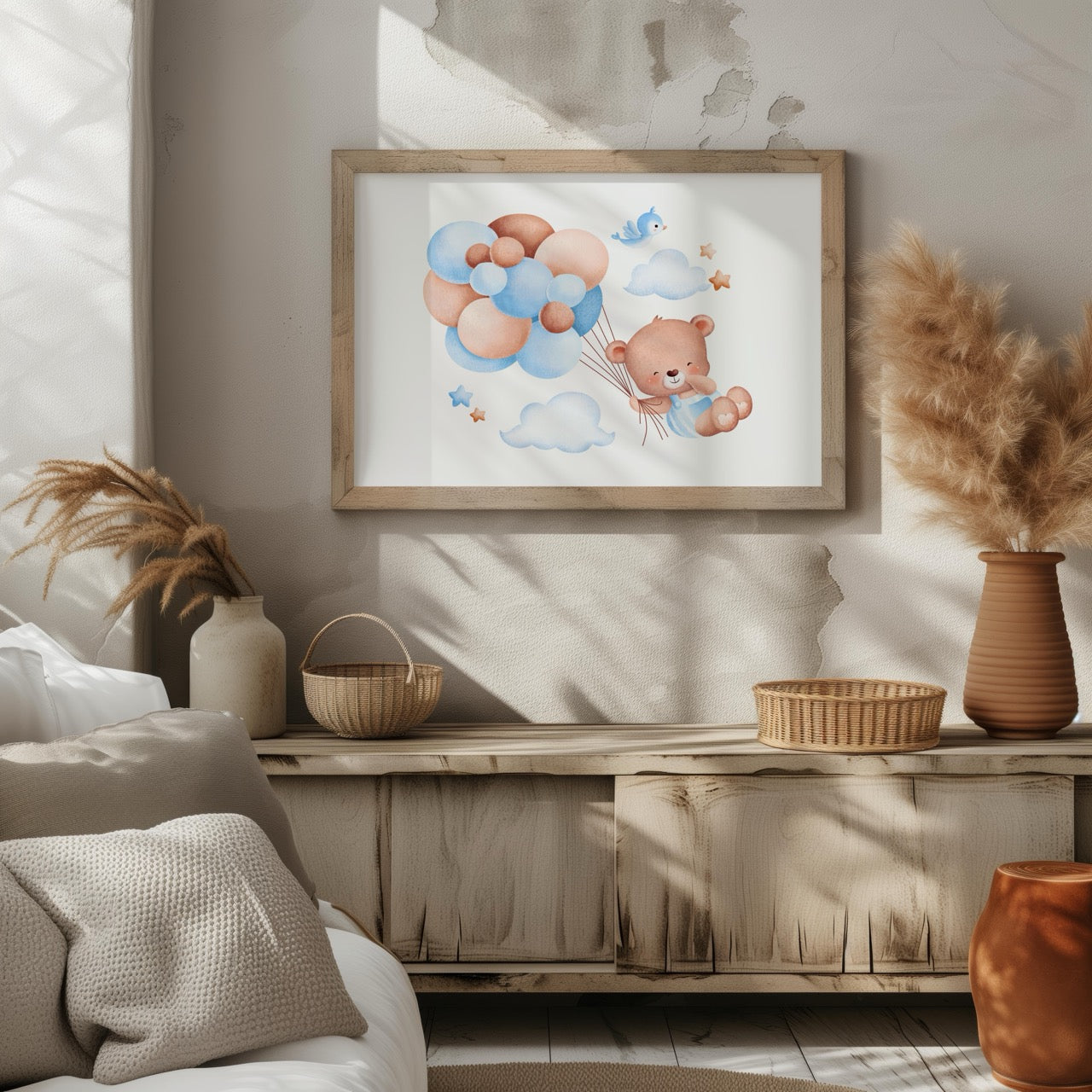 Cute Dreaming Bear with Blue Balloons - Rolled Poster Wall Art Print | House Prints