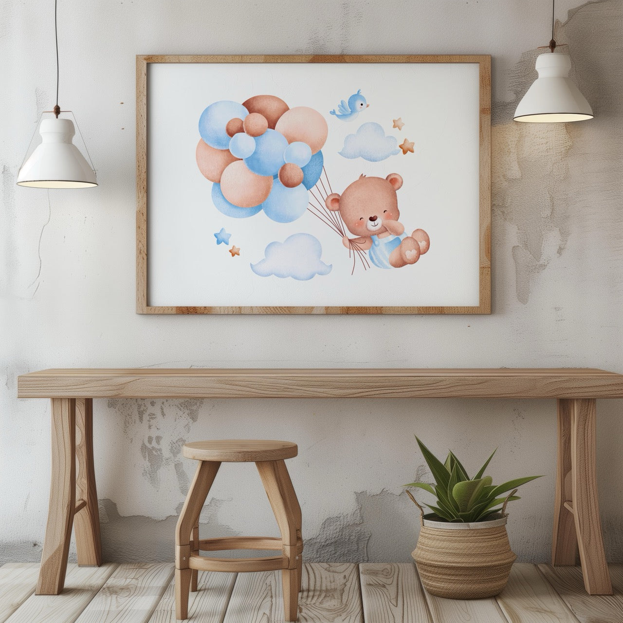 Cute Dreaming Bear with Blue Balloons - Rolled Poster Wall Art Print | House Prints