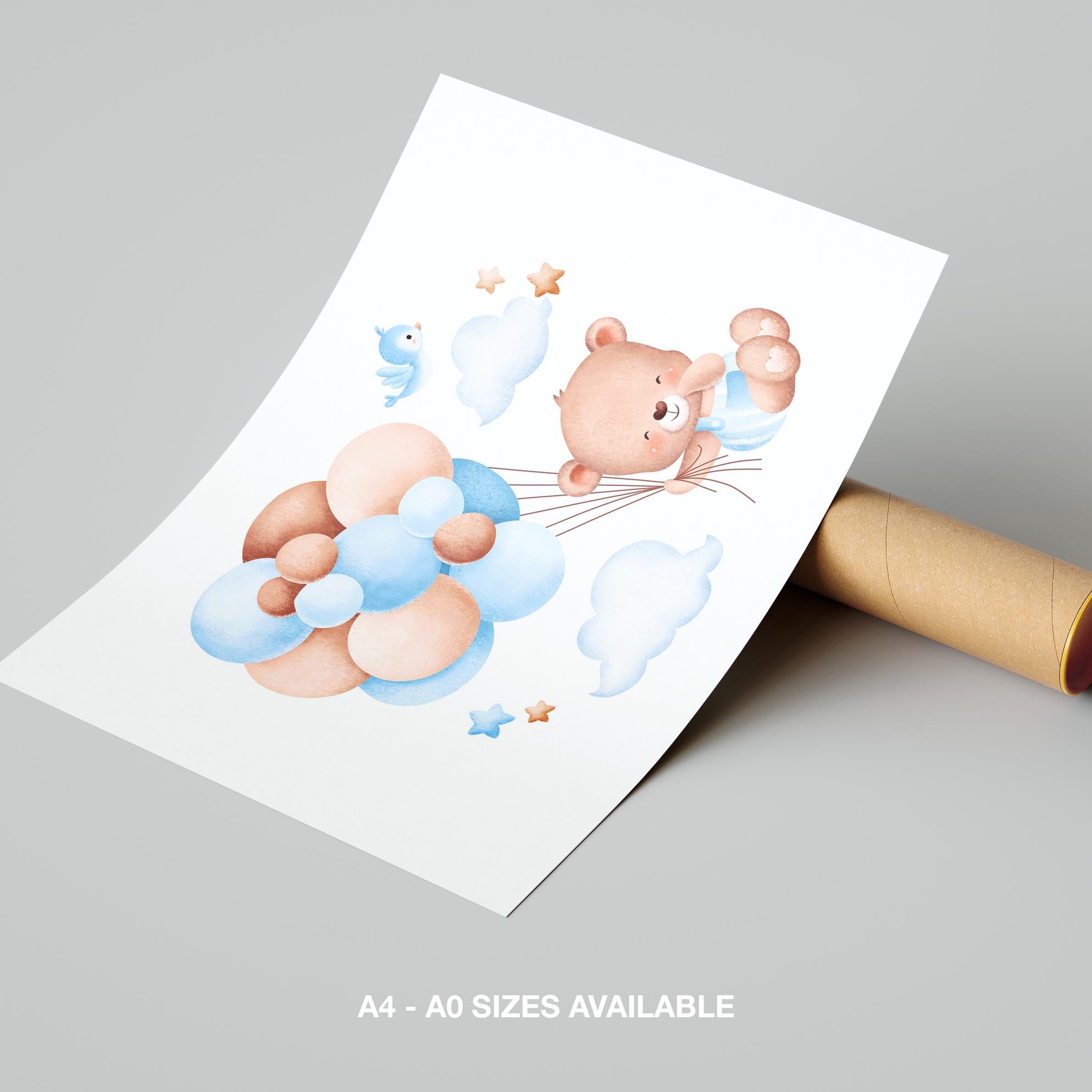 Cute Dreaming Bear with Blue Balloons - Rolled Poster Wall Art Print | House Prints