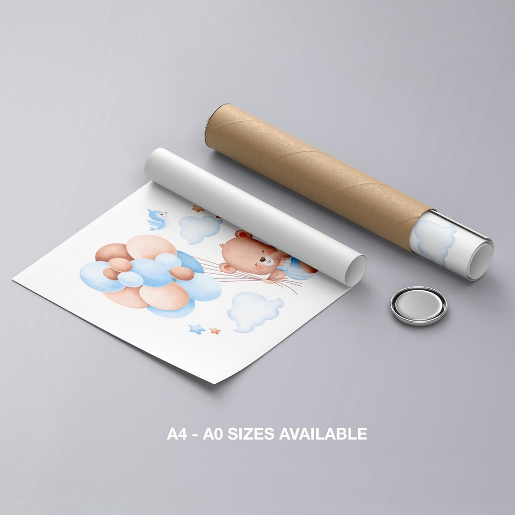 Cute Dreaming Bear with Blue Balloons - Rolled Poster Wall Art Print | House Prints