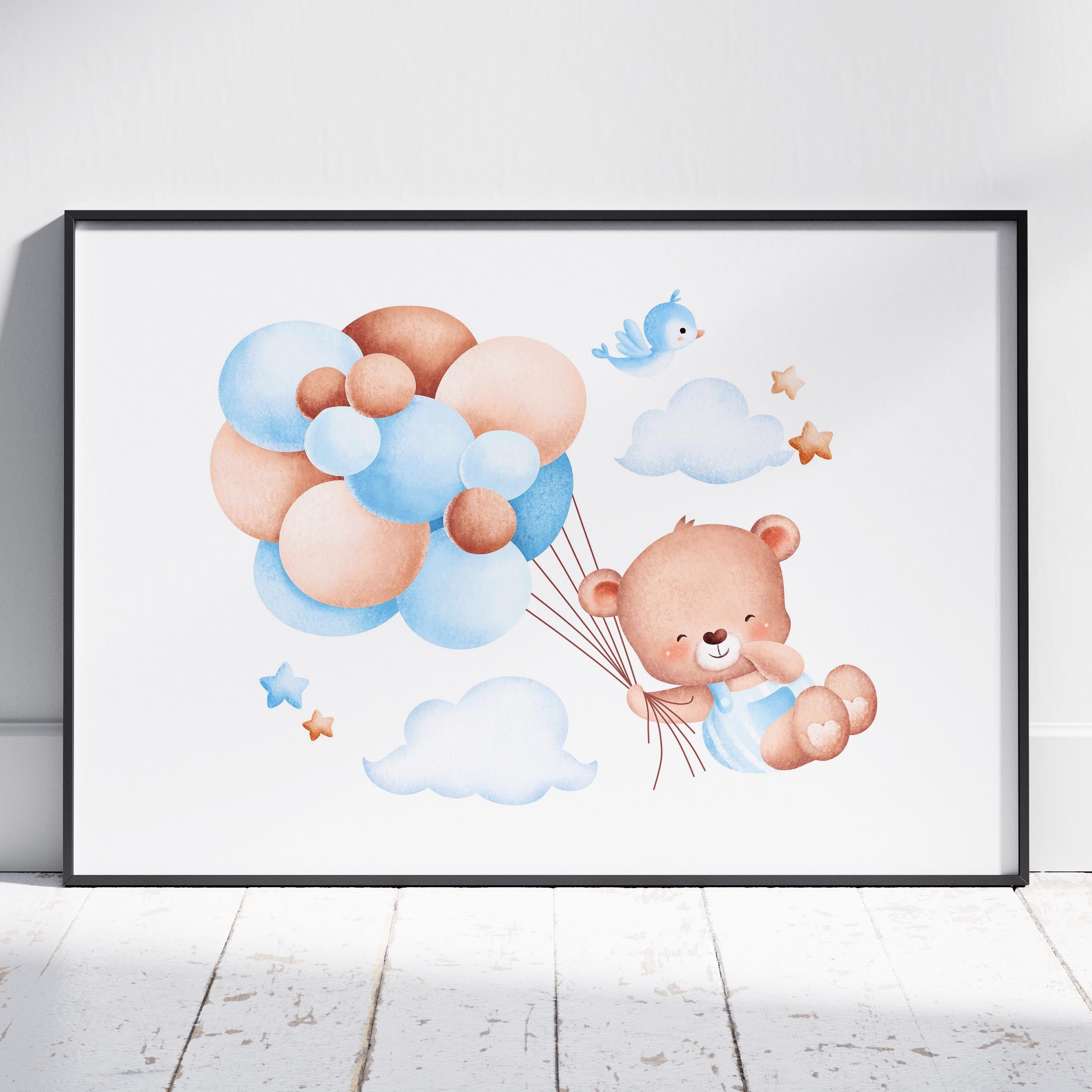 Cute Dreaming Bear with Blue Balloons - Rolled Poster Wall Art Print | House Prints