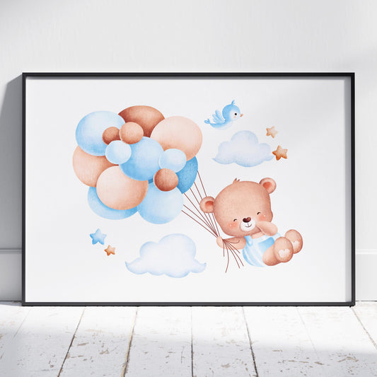 Cute Dreaming Bear with Blue Balloons - Rolled Poster Wall Art Print - House Prints