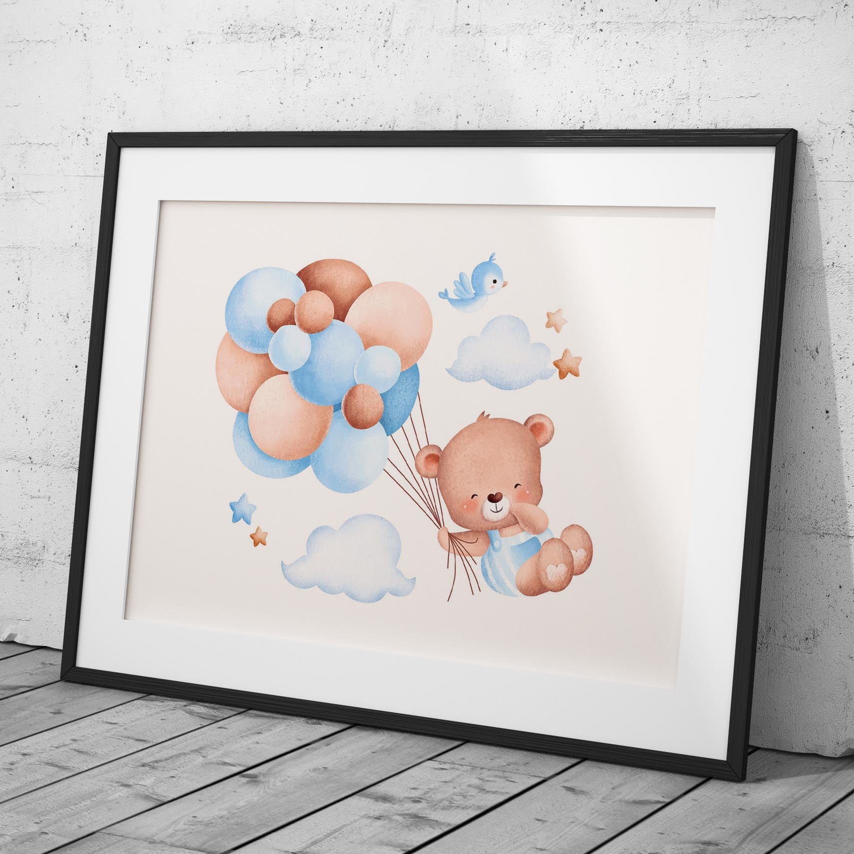 Cute Dreaming Bear with Blue Balloons - Rolled Poster Wall Art Print | House Prints