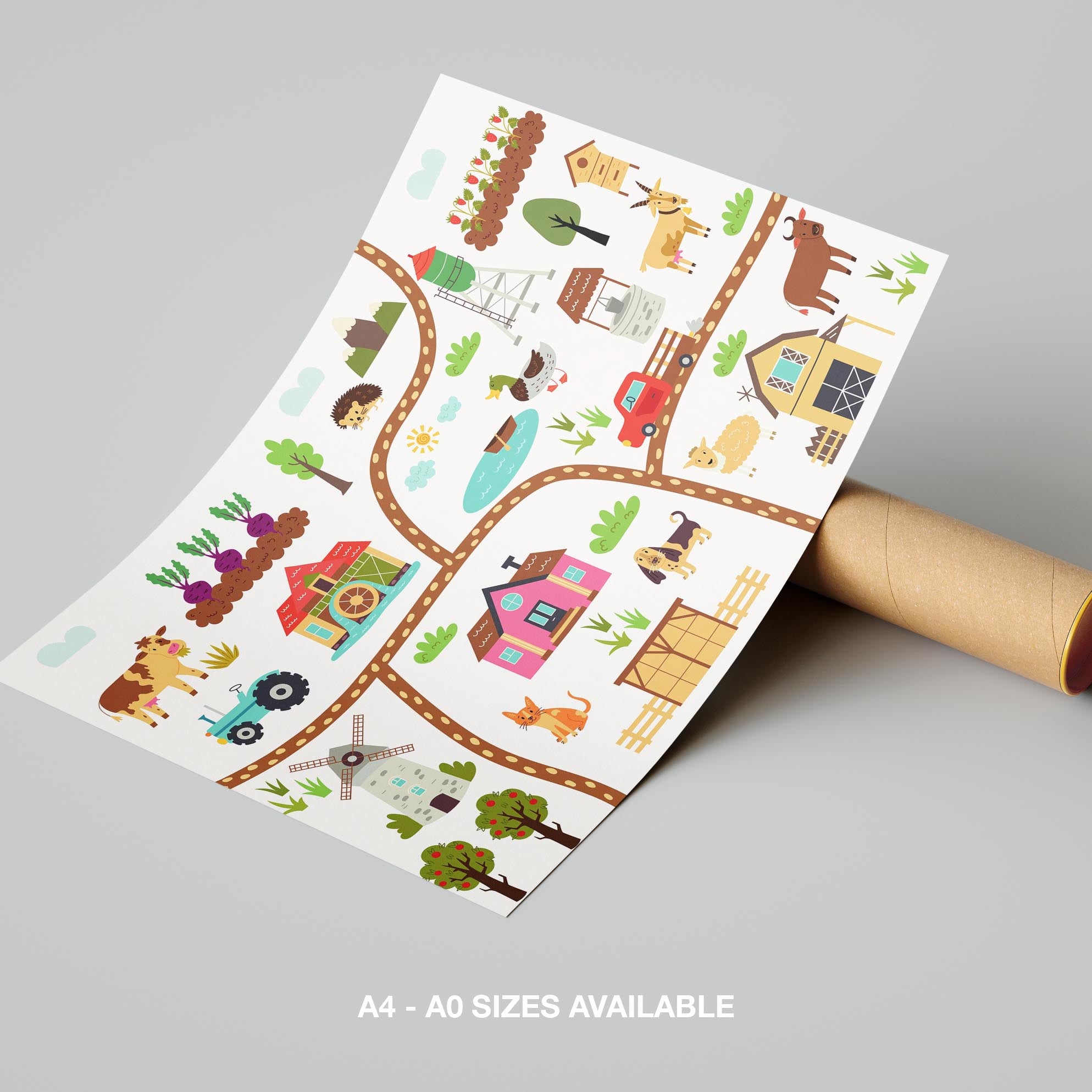 Colourful Nursery Child Animal Farm Map - Rolled Poster Wall Art Print | House Prints