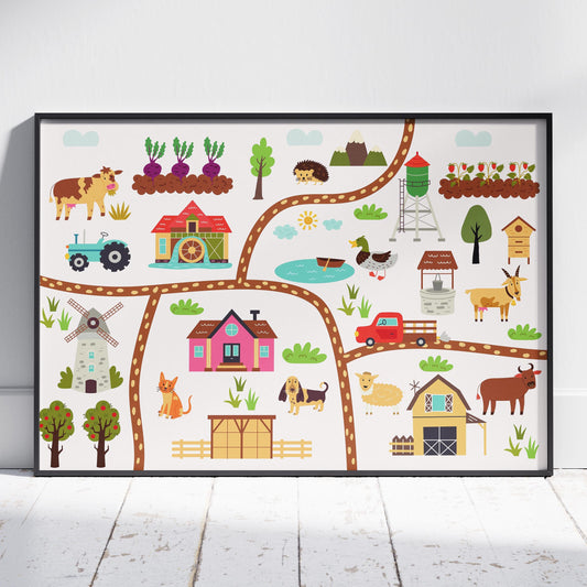 Colourful Nursery Child Animal Farm Map - Rolled Poster Wall Art Print - House Prints
