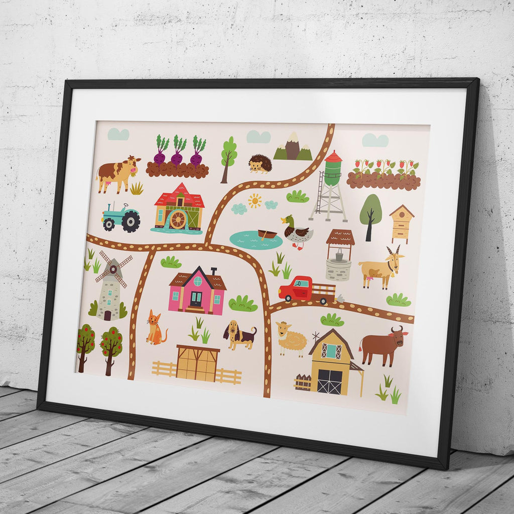Colourful Nursery Child Animal Farm Map - Rolled Poster Wall Art Print | House Prints