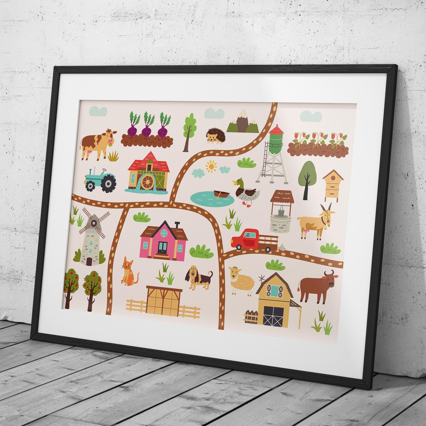 Colourful Nursery Child Animal Farm Map - Rolled Poster Wall Art Print | House Prints