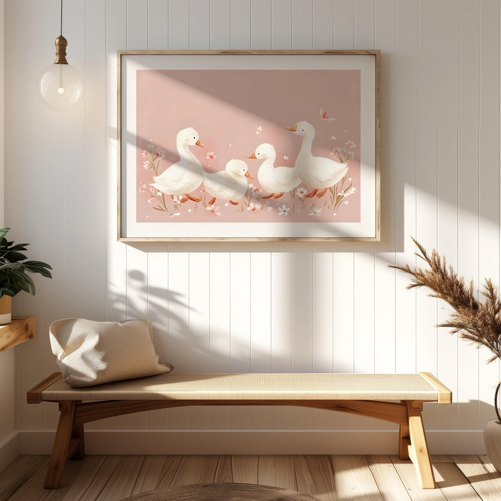 Charming Ducks in Pink Bloom - Rolled Poster Wall Art Print | House Prints