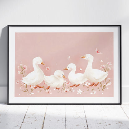 Charming Ducks in Pink Bloom - Rolled Poster Wall Art Print - House Prints