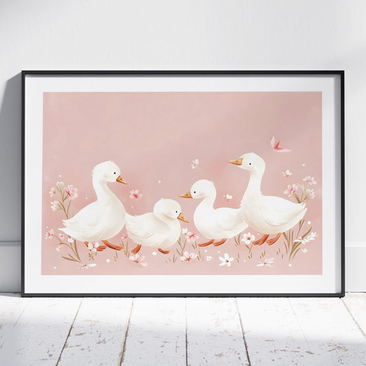 Charming Ducks in Pink Bloom - Rolled Poster Wall Art Print - House Prints