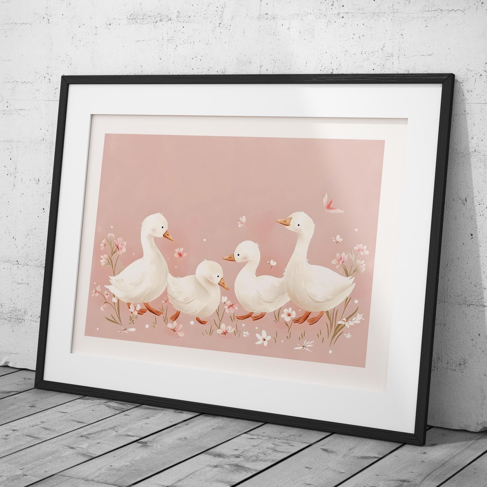 Charming Ducks in Pink Bloom - Rolled Poster Wall Art Print - House Prints