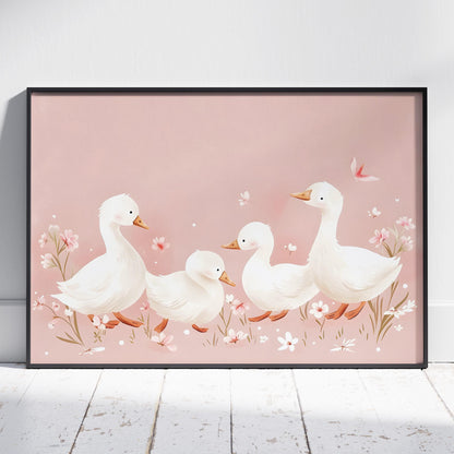 Charming Ducks in Pink Bloom - Rolled Poster Wall Art Print - House Prints