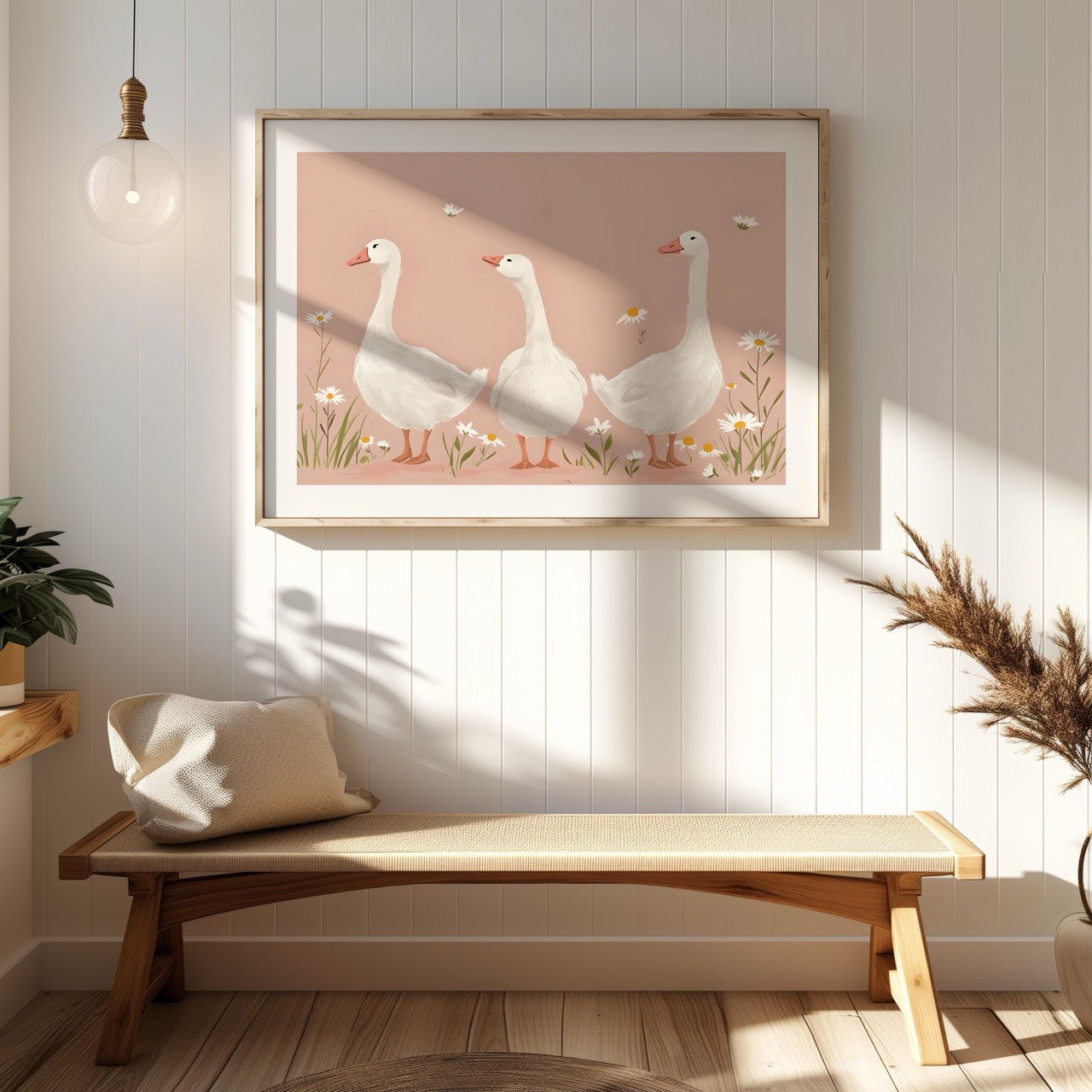 Adorable Geese in a Pink Meadow - Rolled Poster Wall Art Print | House Prints
