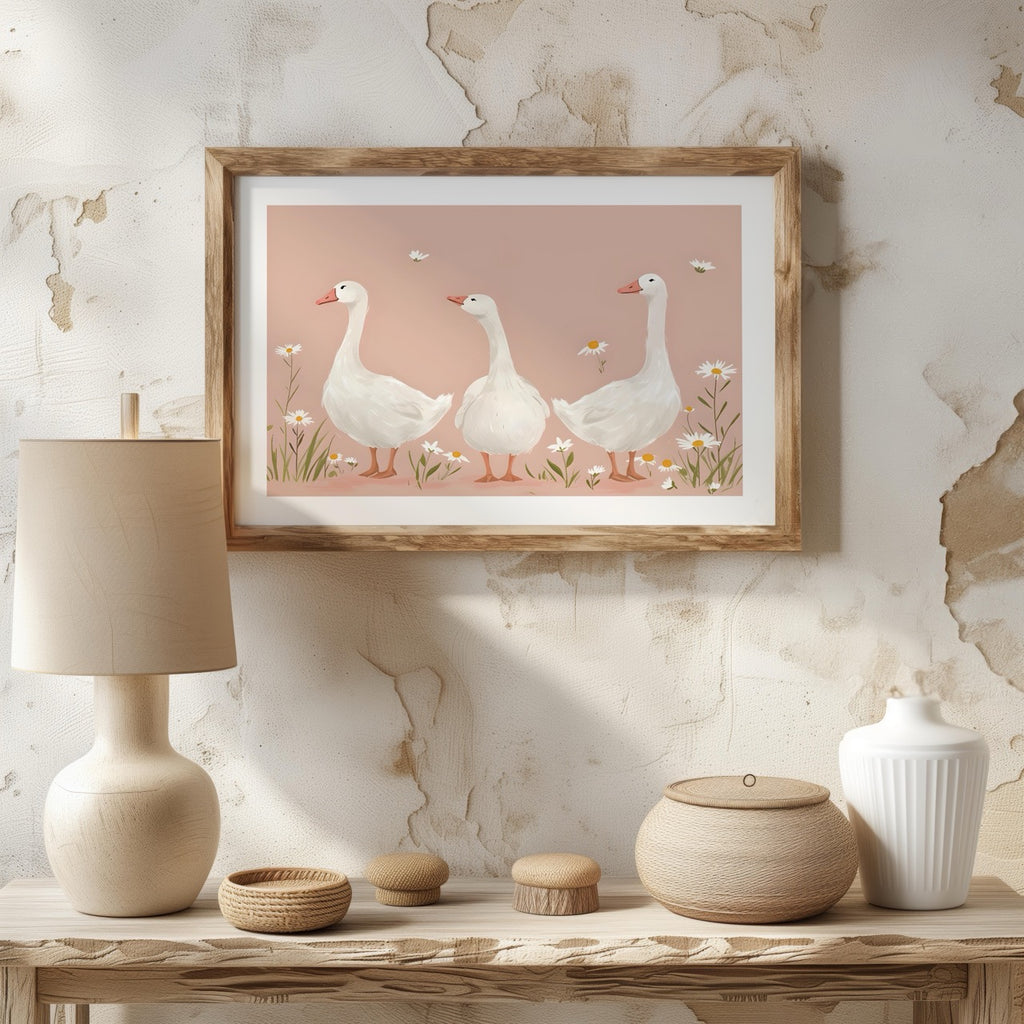 Adorable Geese in a Pink Meadow - Rolled Poster Wall Art Print | House Prints