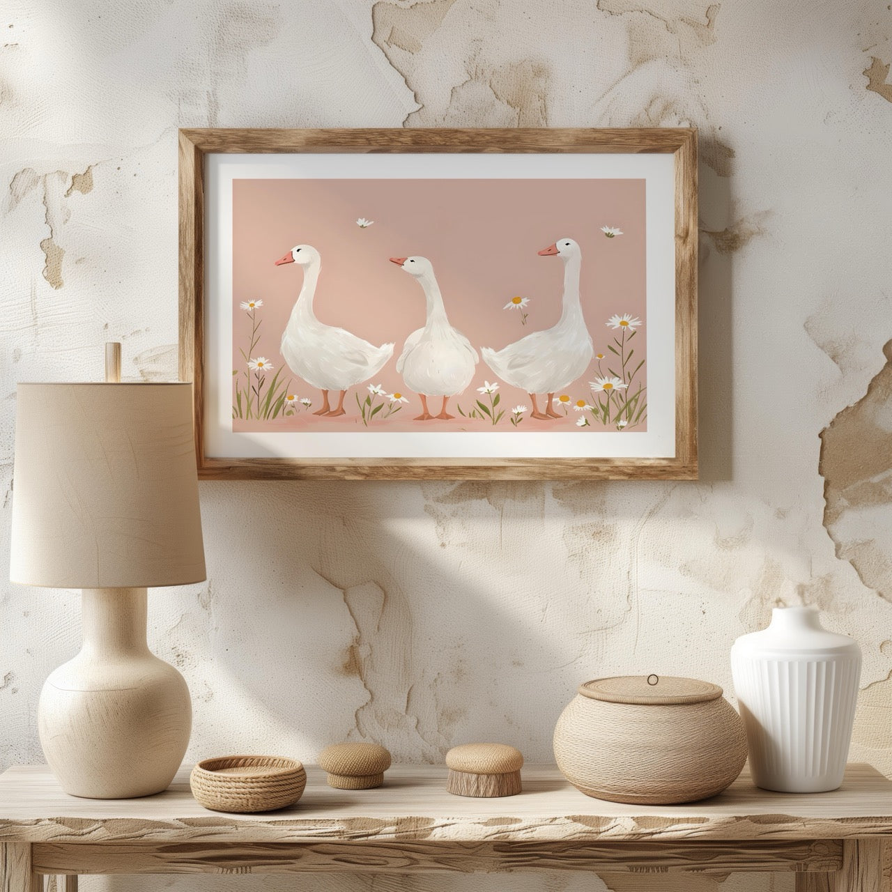 Adorable Geese in a Pink Meadow - Rolled Poster Wall Art Print | House Prints